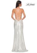 Picture of: Ruched Metallic Jersey Dress with Open Lace Up Back in Ivory , Style 32945, Detail Picture 12