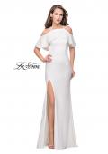 Picture of: Long Jersey Prom Dress with Off the Shoulder Ruffle Detail in Ivory, Style: 25556, Back Picture