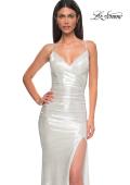 Picture of: Ruched Metallic Jersey Dress with Open Lace Up Back in Ivory , Style 32945, Detail Picture 19