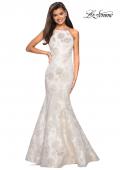 Picture of: Long Floral Mermaid Prom Dress with High Neckline in Ivory/Silver, Style: 27796, Back Picture