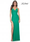 Picture of: Ruched Jersey Dress with Draped Neckline and High Slit in Jade, Style: 32152, Detail Picture 12