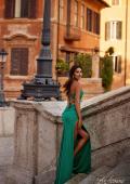 Picture of: Ruched Jersey Dress with Draped Neckline and High Slit in Jade, Style: 32152, Detail Picture 6