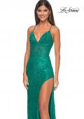 Picture of: Rhinestone Lace Embellished Prom Dress with High Side Slit in Bright Colors in Jade, Style: 32308, Detail Picture 9
