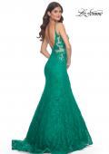 Picture of: Jewel Tone Long Mermaid Lace Dress with Back Rhinestone Detail in Jade, Style: 32315, Back Picture