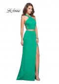 Picture of: Halter Two Piece Satin Prom Dress with Caged Back in Jade, Style: 26171, Detail Picture 1