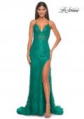 Picture of: Rhinestone Lace Embellished Prom Dress with High Side Slit in Bright Colors in Jade, Style: 32308, Detail Picture 1