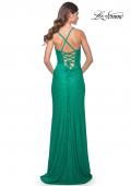 Picture of: Rhinestone Embellished Jersey Gown with Square Neckline in Jade, Style: 32058, Detail Picture 4