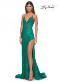 Picture of: Rhinestone Lace Embellished Prom Dress with High Side Slit in Bright Colors in Jade, Style: 32308, Detail Picture 6
