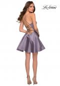 Picture of: Satin Fit and Flare Short Dress with Lace Up Open Back in Lavender Gray, Style: 29342, Detail Picture 4