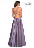 Picture of: Long Satin Formal Gown with Leg Slit and Strappy Back in Lavender Gray, Style: 26994, Back Picture