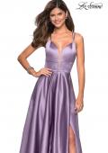 Picture of: Long Satin Formal Gown with Leg Slit and Strappy Back in Lavender Gray, Style: 26994, Detail Picture 7