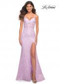 Picture of: Neon Lace Prom Gown With Sheer Bodice and Tie Up Back in Lavender, Detail Picture 8