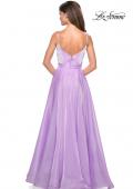 Picture of: Long Metallic Chiffon Dress with Ruching and V Back in Lavender, Style: 27616, Back Picture