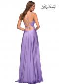 Picture of: Bright Satin Gown with Criss-Cross Ruched Top in Purple, Style: 30662, Back Picture