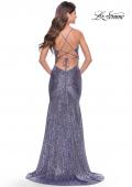 Picture of: Long Sequin Gown with Dramatic Flare Skirt and Slit in Bright Colors in Lavender, Style: 31431, Back Picture