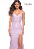 Picture of: Neon Lace Prom Gown With Sheer Bodice and Tie Up Back in Lavender, Detail Picture 2