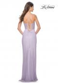 Picture of: Fishnet Rhinestone Fitted Dress with Bustier Top and High Neckline in Lavender, Style: 32227, Detail Picture 12