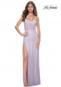 Picture of: Fishnet Rhinestone Fitted Dress with Bustier Top and High Neckline in Lavender, Style: 32227, Detail Picture 13