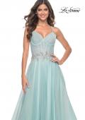 Picture of: A-Line Prom Gown with Ruched Bodice and Rhinestone Belt Detail in Light Blue, Style: 32117, Main Picture