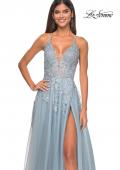 Picture of: Lace Embellished A-line Dress with Lace Up Back in Light Blue, Style: 32147, Detail Picture 8