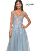 Picture of: Lace Embellished A-line Dress with Lace Up Back in Light Blue, Style: 32147, Detail Picture 9