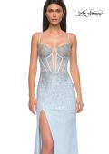 Picture of: Rhinestone Embellished Fitted Prom Dress with Corset and Deep V in Light Blue, Style 32717, Detail Picture 9