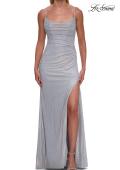 Picture of: Cowl Neck Rhinestone Gown with Side Ruching and High Slit in Light Blue, Style: 33272, Detail Picture 9