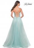 Picture of: A-Line Prom Gown with Ruched Bodice and Rhinestone Belt Detail in Light Blue, Style: 32117, Back Picture