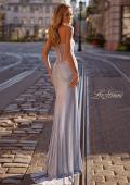 Picture of: Rhinestone Metallic Net Jersey Dress with Sheer Corset Back in Light Blue, Style 32886, Back Picture