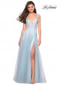 Picture of: Floor Length Tulle Gown with Plunging Lace Bodice in Light Blue, Style: 27621, Detail Picture 1