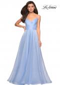 Picture of: Long Metallic Chiffon Dress with Ruching and V Back in Light Blue, Style: 27616, Detail Picture 2