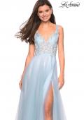 Picture of: Floor Length Tulle Gown with Plunging Lace Bodice in Light Blue, Style: 27621, Detail Picture 2