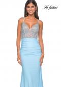 Picture of: Fitted Jersey Prom Dress with Full Rhinestone Illusion Bodice in Light Blue, Style: 32079, Detail Picture 2