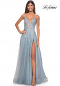 Picture of: Lace Embellished A-line Dress with Lace Up Back in Light Blue, Style: 32147, Detail Picture 2