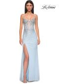 Picture of: Rhinestone Embellished Fitted Prom Dress with Corset and Deep V in Light Blue, Style 32717, Detail Picture 3
