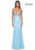Picture of: Fitted Jersey Prom Dress with Full Rhinestone Illusion Bodice in Light Blue, Style: 32079, Detail Picture 4