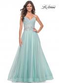 Picture of: A-Line Prom Gown with Ruched Bodice and Rhinestone Belt Detail in Light Blue, Style: 32117, Detail Picture 4