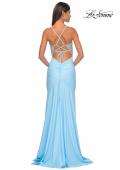 Picture of: Fitted Jersey Prom Dress with Full Rhinestone Illusion Bodice in Light Blue, Style: 32079, Detail Picture 5
