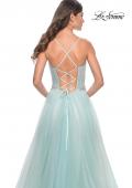 Picture of: A-Line Prom Gown with Ruched Bodice and Rhinestone Belt Detail in Light Blue, Style: 32117, Detail Picture 5