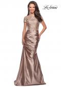 Picture of: Long Gown with Short Sleeve Lace Bodice and Ruching in Light Gold, Style: 26404, Main Picture