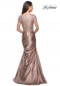 Picture of: Long Gown with Short Sleeve Lace Bodice and Ruching in Light Gold, Style: 26404, Back Picture
