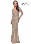 Picture of: Long Sleeve Sequined Gown with Soft V-Neckline in Light Gold, Style: 25331, Detail Picture 1