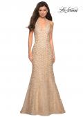 Picture of: Metallic Lace Halter Long Prom Dress with Open Back in Light Gold, Style: 27228, Main Picture