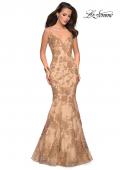 Picture of: Long Gold Prom Dress with Sequin Floral Design in Light Gold, Style: 27285