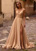 Picture of: Stunning Metallic Chiffon Gown with Ruched Bodice and Slit in Light Gold, Style: 32864, Main Picture