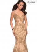 Picture of: Long Gold Prom Dress with Sequin Floral Design in Light Gold, Style: 27285