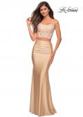 Picture of: Lace and Jersey Two Piece Illusion Top Dress in Light Gold, Detail Picture 1
