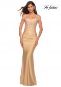 Picture of: Off the Shoulder Jersey Dress with Illusion Lace Top in Light Gold, Detail Picture 1