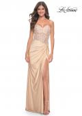 Picture of: Sheer Lace Applique Bodice Dress with Jersey Skirt in Light Gold, Style: 32301, Detail Picture 1