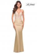 Picture of: Prom Dress with Illusion Lace Bodice and Ruched Skirt in Light Gold, Style: 30596, Detail Picture 5